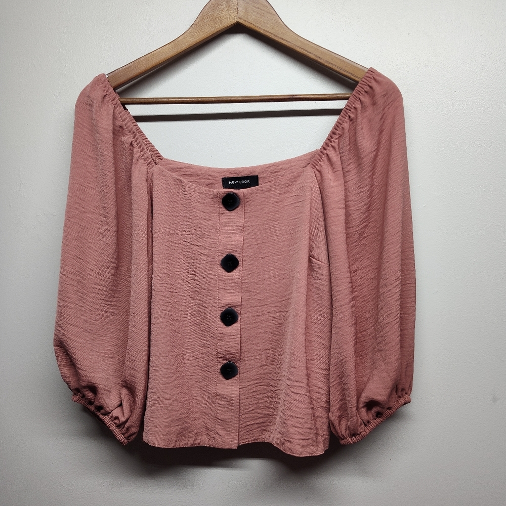 New Look Crop Top Women 6 Pink 3/4 Sleeve Button Down Lightweight Autumn Boho